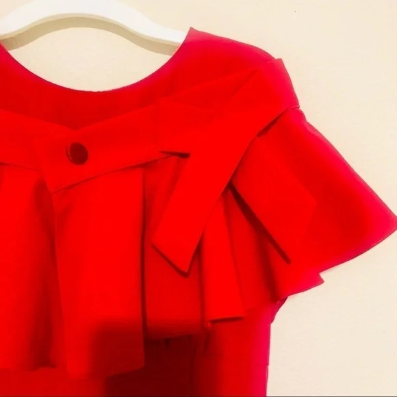 DONNA RICCO Rare Red ruffled removable shoulder sheath dress women’s size 8P - Picture 3 of 12